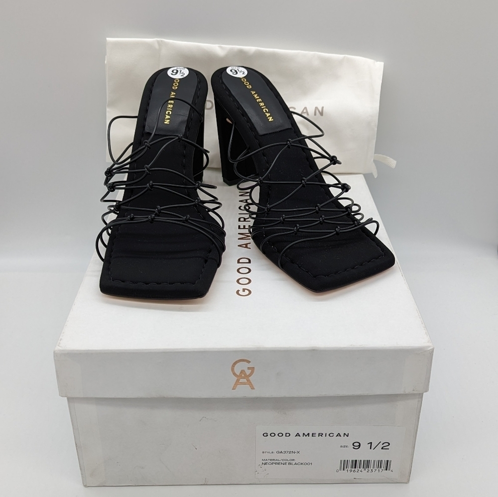 Good American Caged Mule Neoprene Black Size 9.5 GA372N-X Strap Heels Sandals